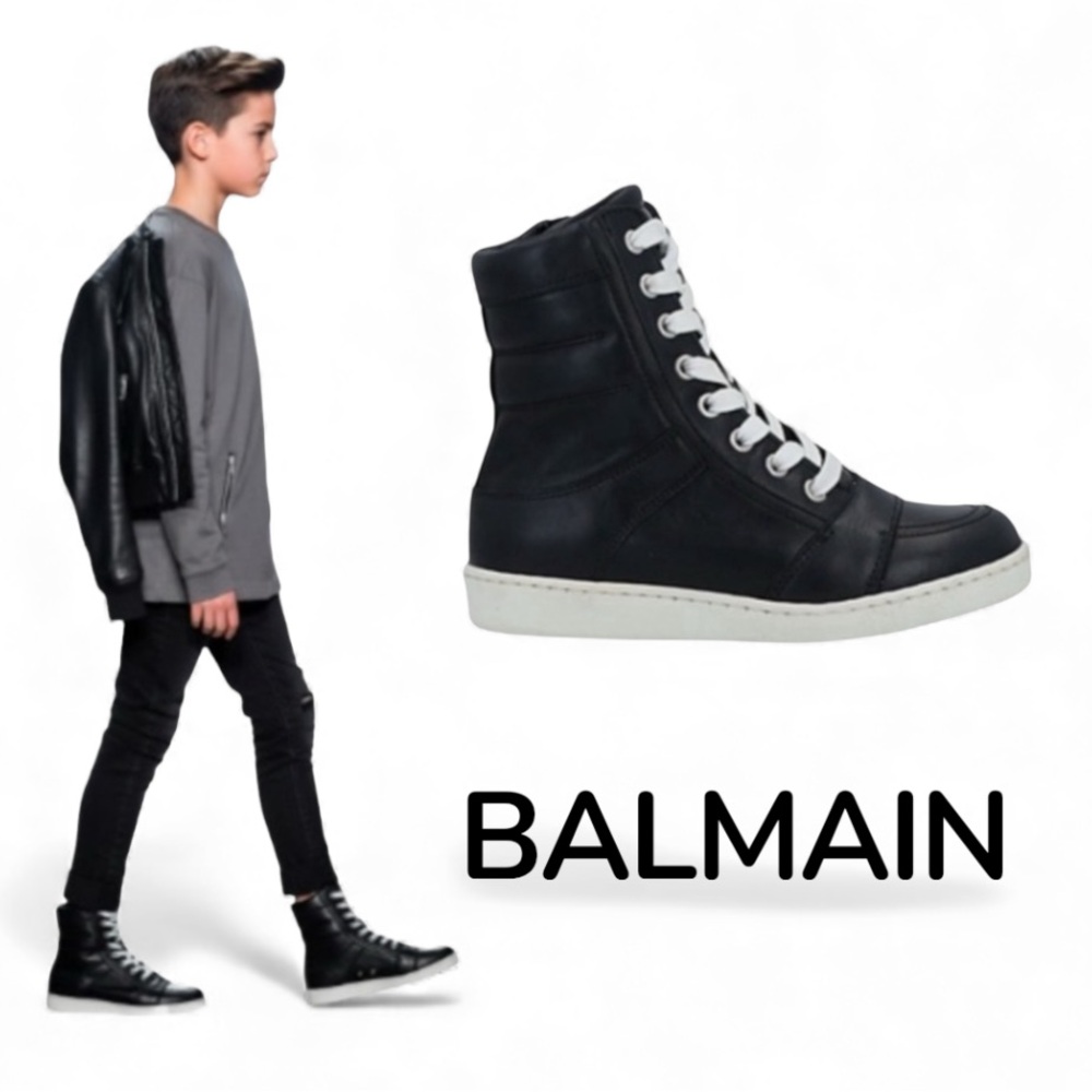 New authentic Balmain luxury designer boys high top leather sneakers sz 13.5